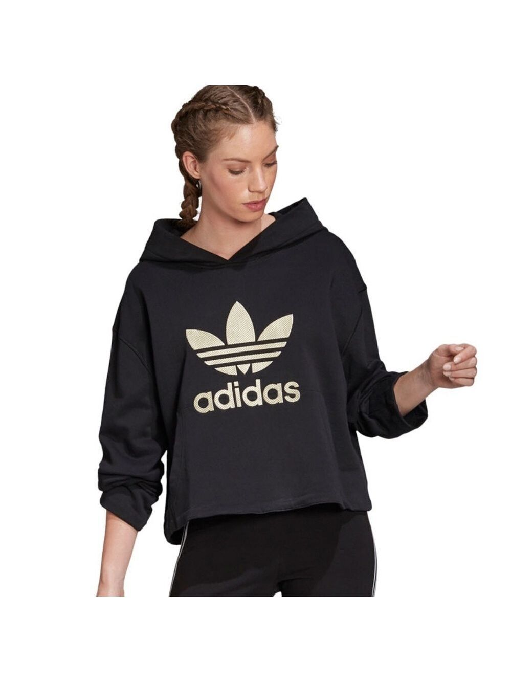 Adidas Large Embroidered Logo Cropped Hoodie Sweatshirt SZ S Black Gold